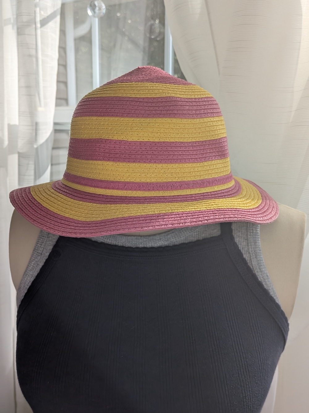 D&Y Pink Yellow Striped Paper Straw Sun Hat Bow Accent Wide Brim Beach Hat